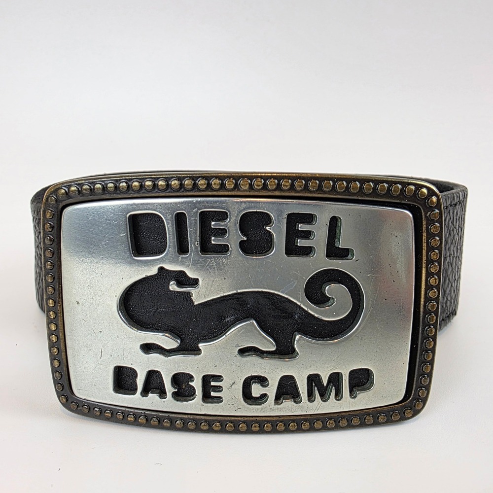 Vintage Y2k Diesel Base Camp Glitterin Black Leather Belt Made in Italy Size 32
